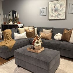 Comfortable Grey Sectional Sofa + Ottoman 
