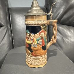 German Lidded Beer Stein Music Box with Relief Tavern Scene Metal Lid