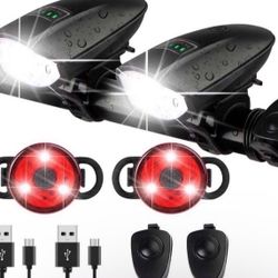 2 packs 1400LM USB rechargeable bike headlight & tail light set w/ horn 3 Lighting Modes 