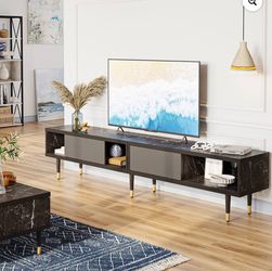 Bestier 80 inch Mid Century Modern TV Stand for TVs up to 85" Entertainment Center with Storage and Sliding Doors in Black Marble