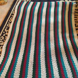 Teal, Burgundy, Green And Cream Crochet Afghan 