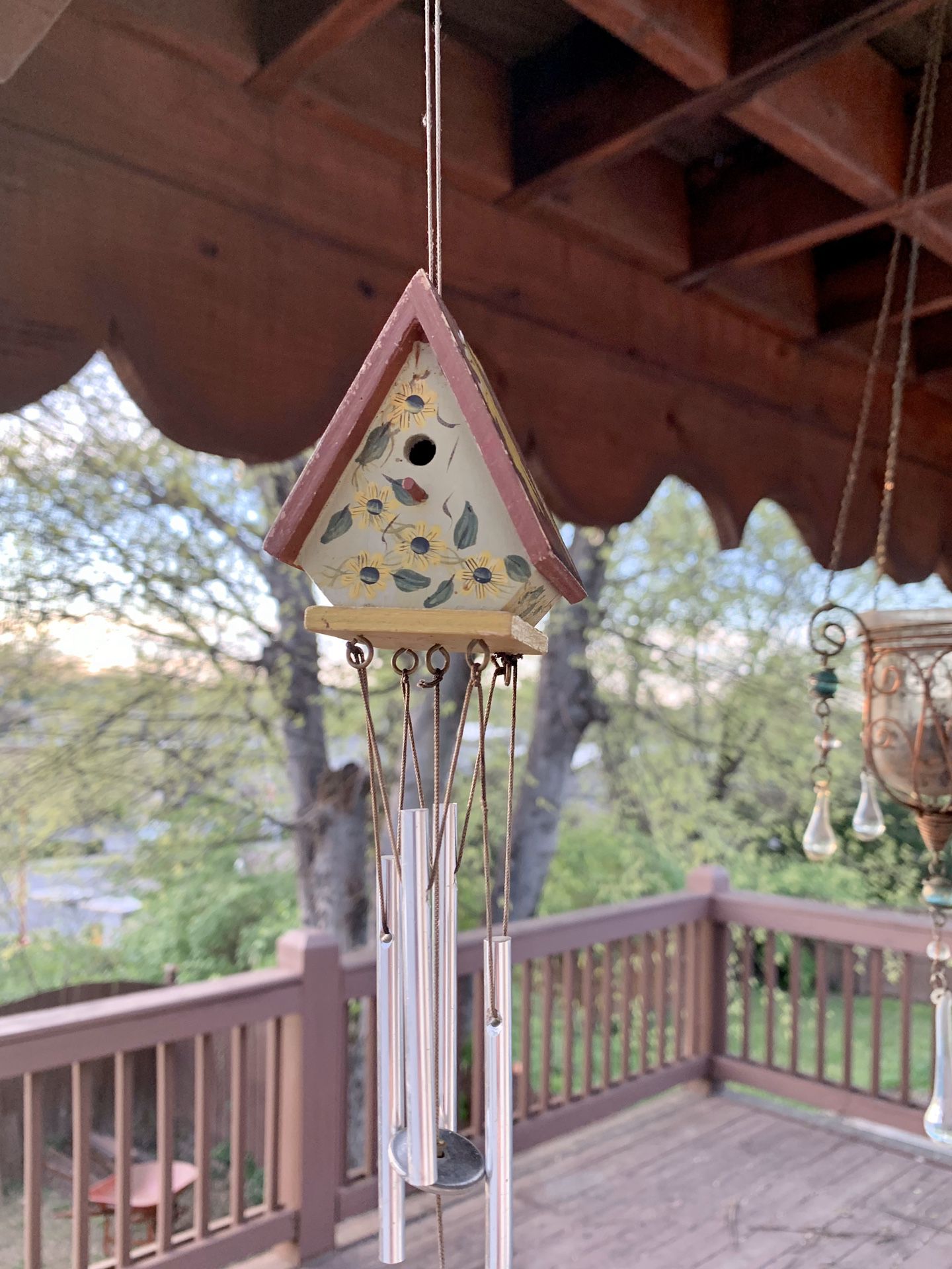 Vintage HandPainted & Signed Wooden Birdhouse Wind Chime