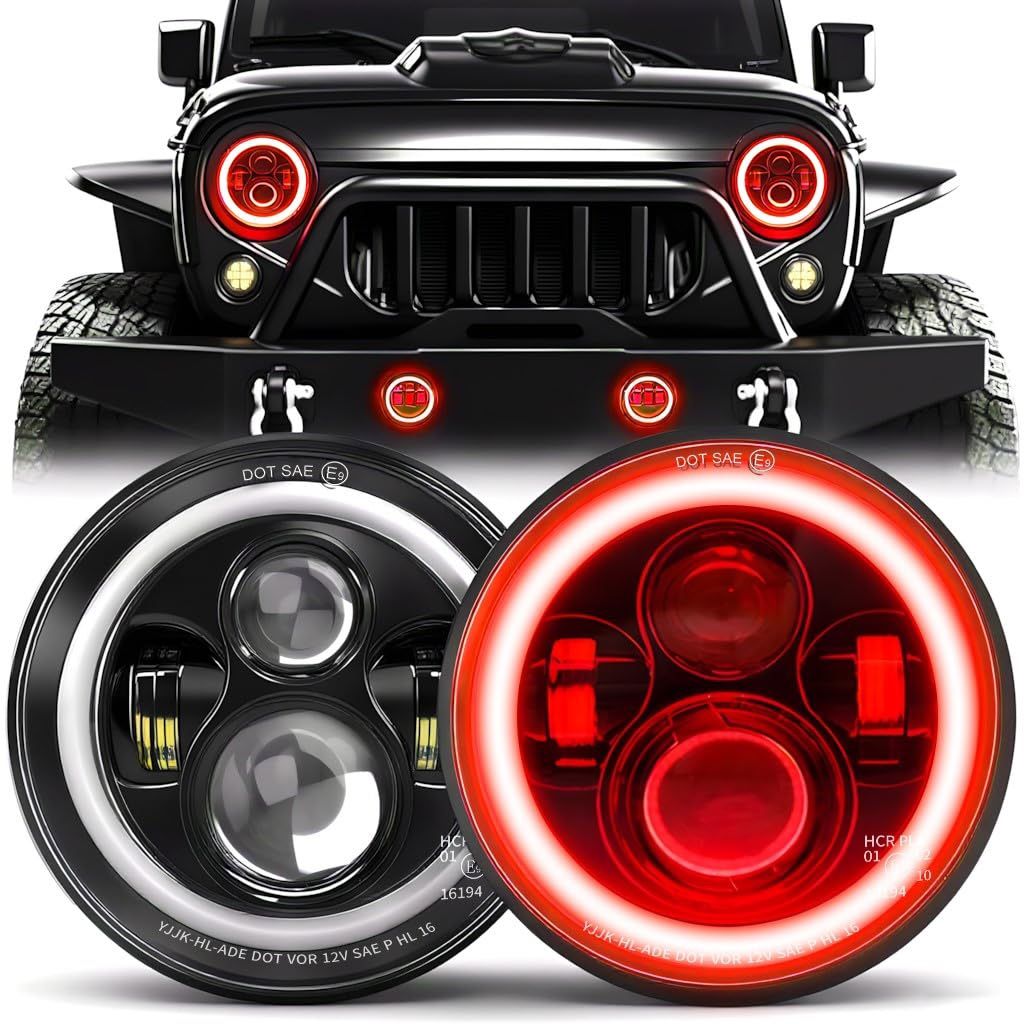 7" Round DOT Red Halo LED Headlights With Turn Signal - H6024 Hi/Lo Projector Sealed Beam For Wrangler JK/TJ/CJ/LJ