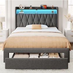 G103-Twin Bed Frame with Drawer, Storage Headboard with Charging Station and LED Lights, Upholstered Bed with Heavy Duty Wood Slats, No Box Spring Nee