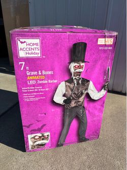 7 FT. GRAVE & BONES ANIMATED LED ZOMBIE BARBER HALLOWEEN PROP DECOR LIFE SIZE