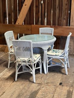 White Wicker Patio Dining Set with 4 Chairs