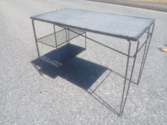 1950s hairpin leg desk with grey woodgrain formica wrought iron