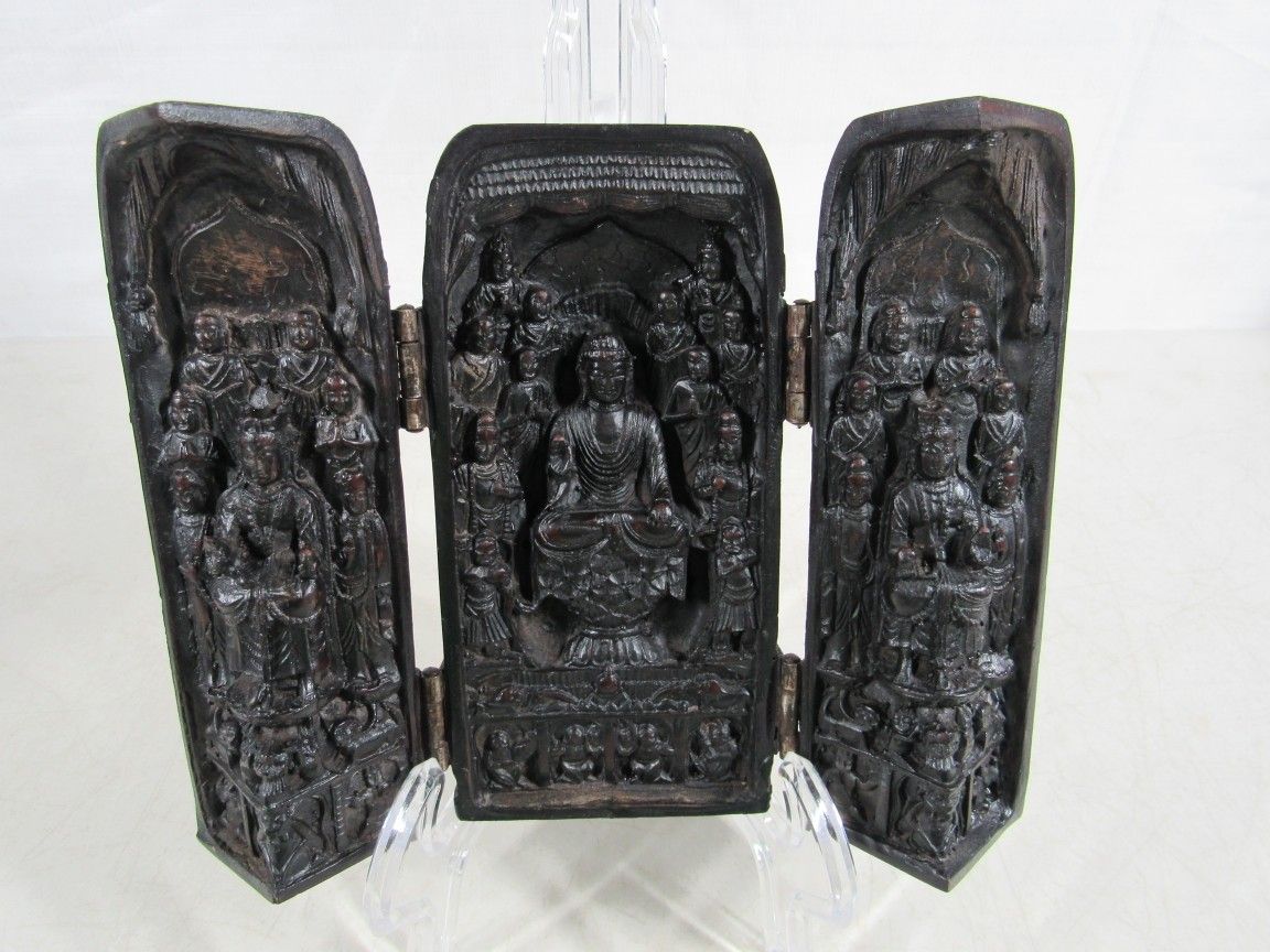 Buddhist Triptych Portable Travel 3 Panel Hinged Buddha Shrine 7 1/2" W
