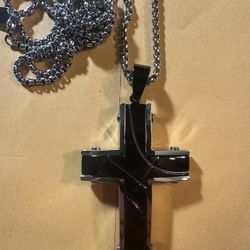 Grooved Cross Pendant And Necklace - Two Tone 