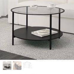 Modern Round Coffee Table With Glass Top And  Matte Black Metal Base 29.5”In Diameter H18”