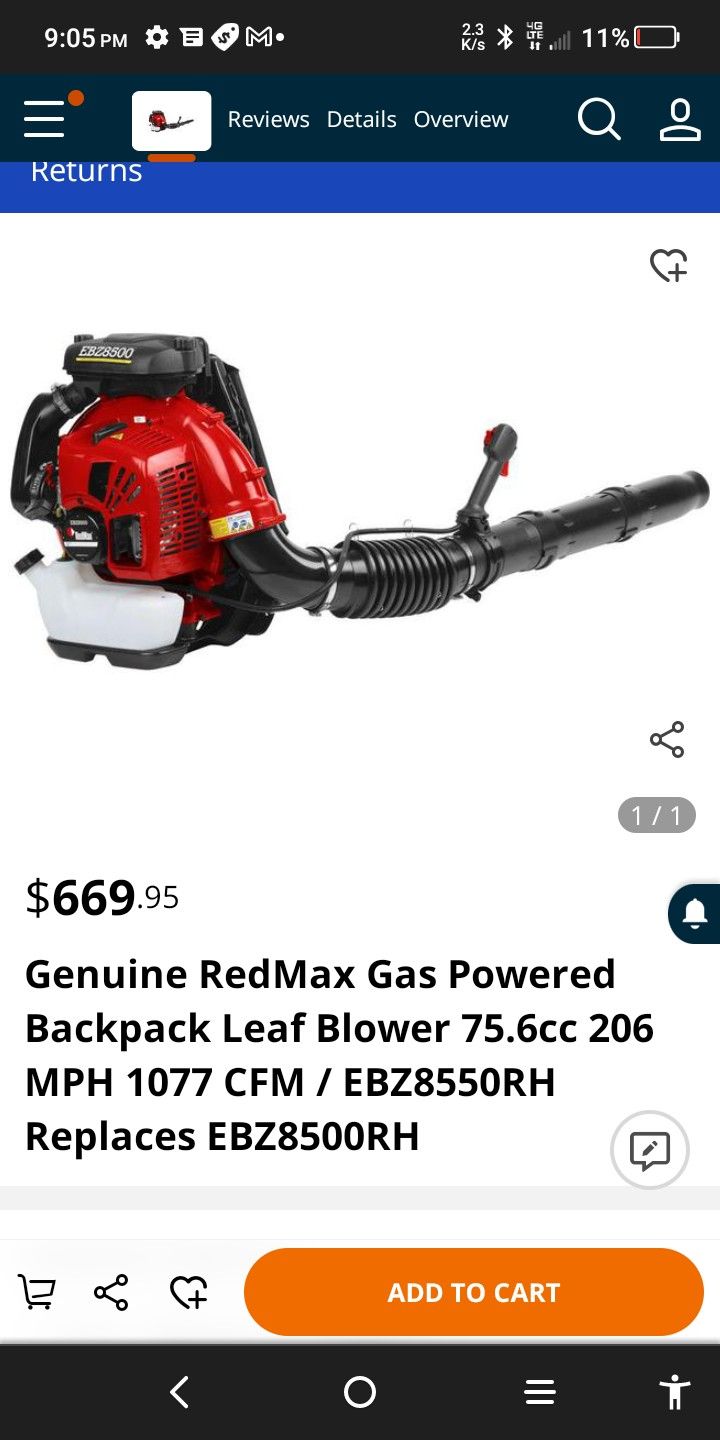  RedMax Gas Powered Backpack Leaf Blower