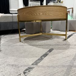 ROUND LIFT TOP WALNUT COFFEE TABLE WITH STORAGE AND STOOLS