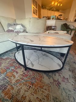 ROCSUMOO 43.3”Oval Coffee Table for Living Room, 2-Tier Coffee Table with Open Storage Shelf, Modern Wooden Side Table for Bedroom Home Office (Oval, 