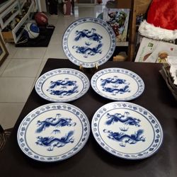 Set Of 5 Heavy Ceramic Dinner Plates, Twinkle Dancing Dragons, Microwave Safe By Blue Moon 10.25"