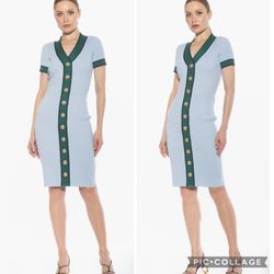 Alexia Admor Otto V-neck Blue & Green Short Sleeve Ribbed Sweater Dress XS