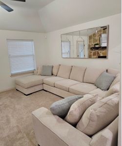 Large Beige Fabric Sectional Sofa with Chaise