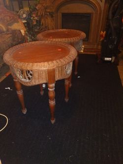 Beautiful matching vintage wicker and wood tables