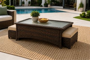 Outdoor Wicker Coffee Table with 2 Nesting Ottomans – Tempered Glass Top, Patio Conversation Table, Brown