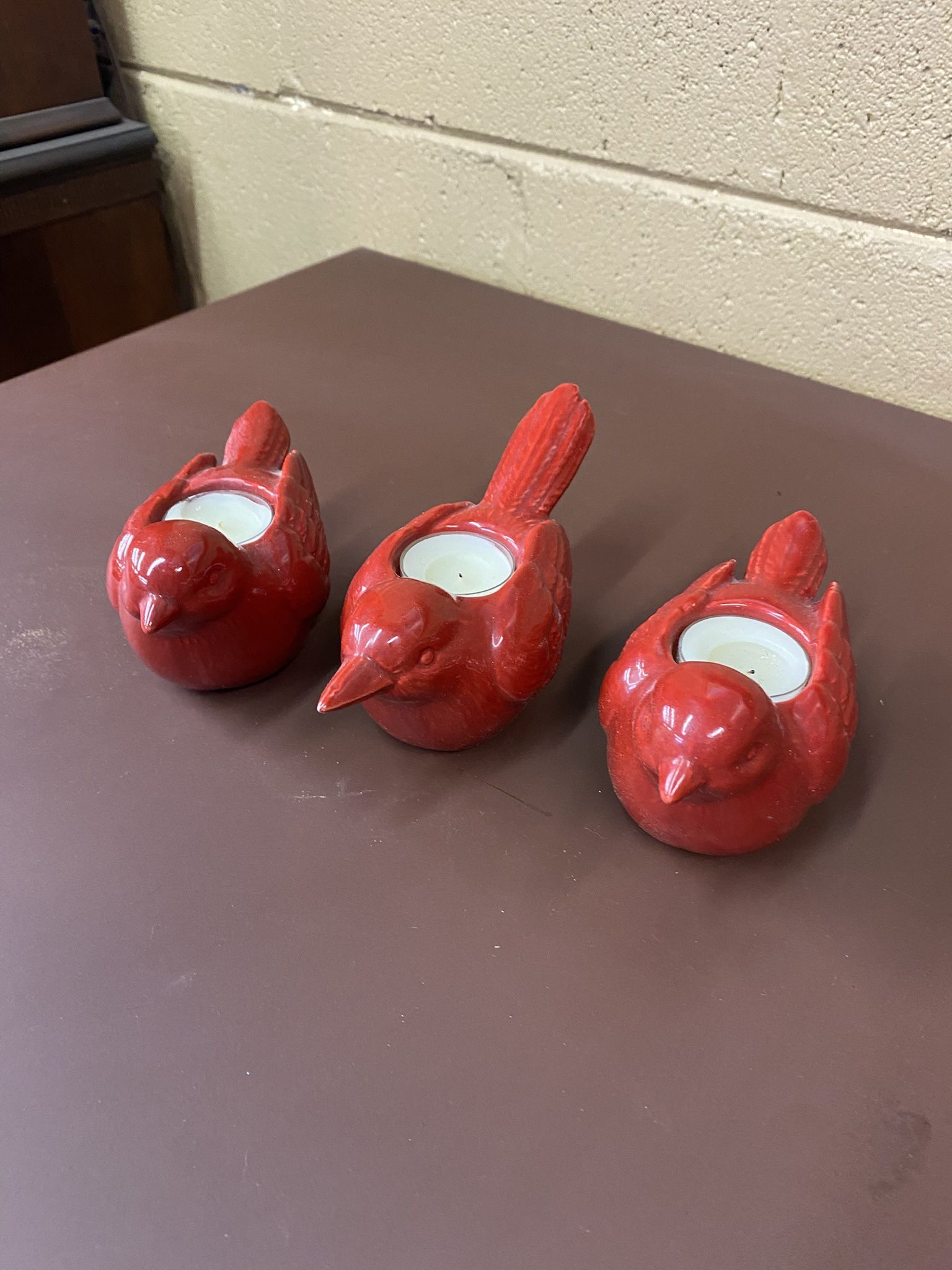3x Red Cardinal Bird Candle Holders