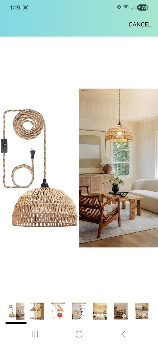 Rattan Hanging Lamp,Boho Pendant Lights,Plug in Cord Hanging Rattan Light,Plug Into Wall Outlet Pendant Light Fixture On/Off Switch for Living,Dinner