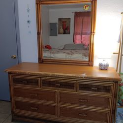 7 Drawers Brown Bamboo Dresser With Mirror 