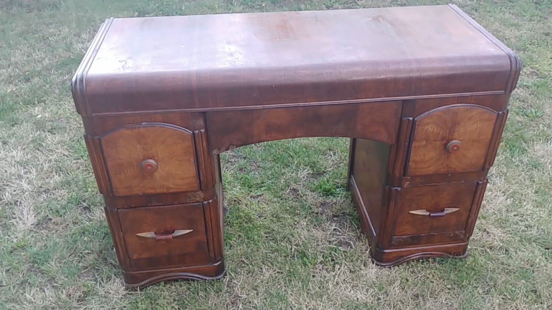 CUTE ANTIQUE WATERFALL DESK WITH BAKELITE HANDLES