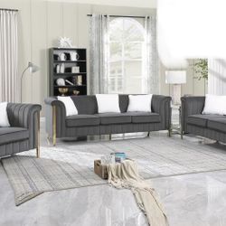 3 Piece Glam Grey Velvet And Gold Sofa Set Includes Loveseat And Chair