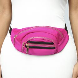 Fuchsia Pink Purple Fanny Pack Gold Accent Zipper Bag Adjustable Black Strap