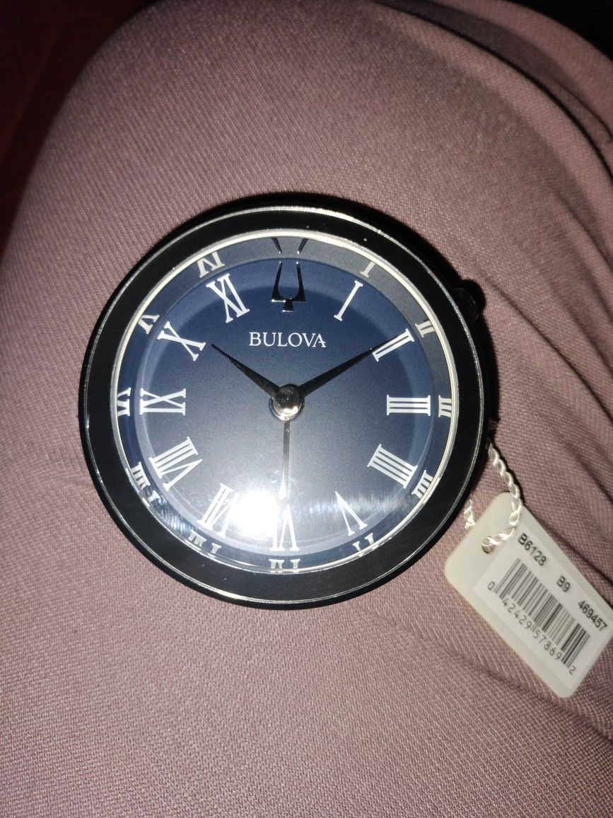 New Bulova B6128 Silver & Blue Travel Alarm Clock Watch with Black Pouch