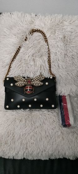 GUCCI Black Leather Pearl Studded MinI BEE Shoulder Bag

