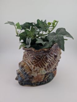 Glazed Ceramic Conch Shell Planter with Greenery – Coastal Decor