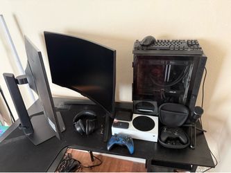 PC, Xbox S, keyboard mouse wires, elgato facecam and capture card, controllers.
