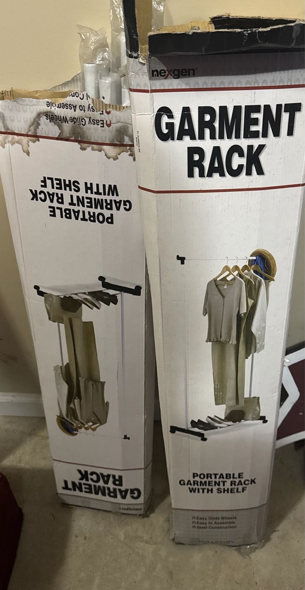 2 New Portable Garment Racks w/ Shelves – Never Used
