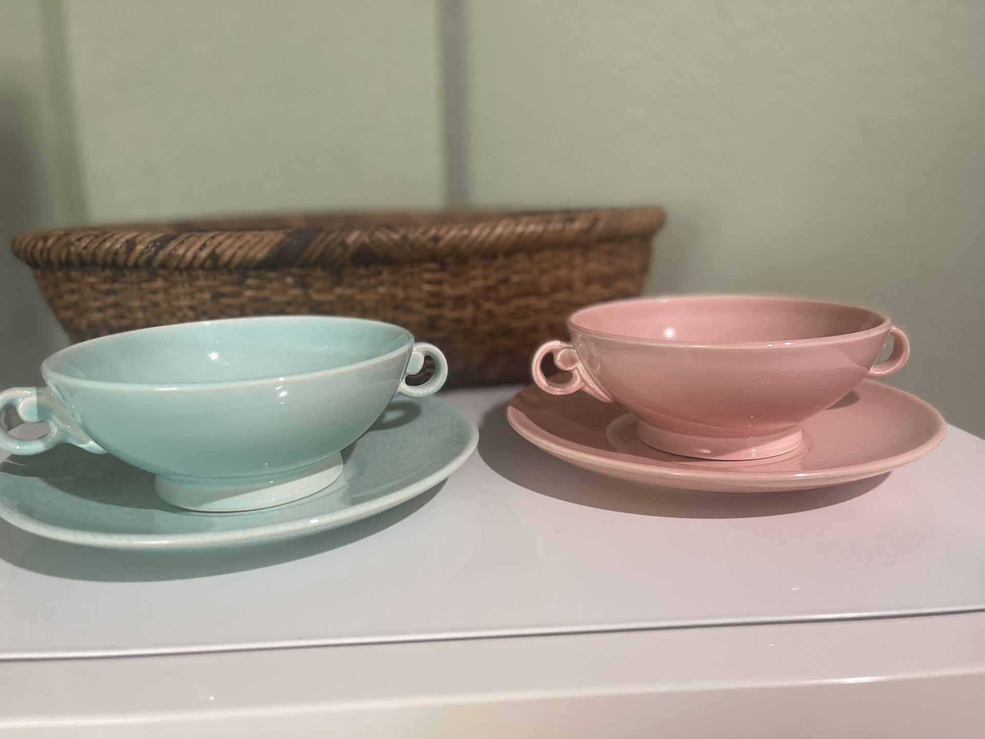 vintage LuRay Pastels cream soup bowls with liners (saucers)