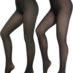 2 Pairs Women Fleece Lined Tights-Fishnets Patterned High Waist Thermal Fake Translucent Warm Tights For Women（medium）