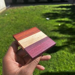 Handmade Exotic Wood Coasters Set of 4 – Padauk, Maple, Purpleheart – Gift Boxed with Mineral Oil & Care Guide