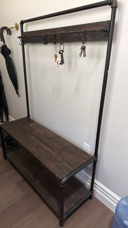 Industrial entryway hall tree bench, rustic brown