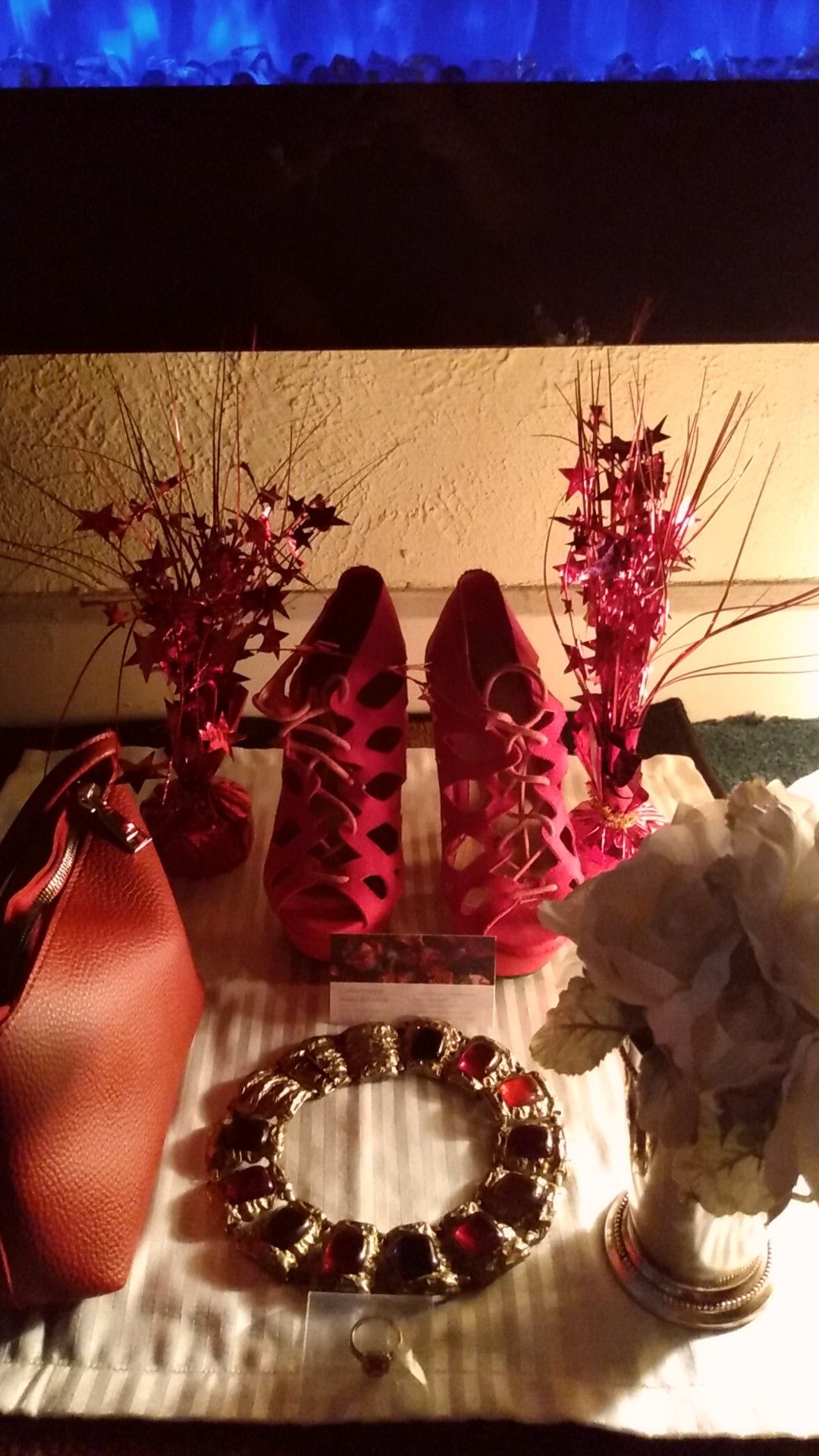 😀 $45 (7) piece all for $45 suede wedges, 👛, flower, Red choker, Ruby ring size 6.5 & (2) red decorations.