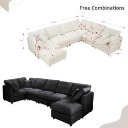 117” Modular Sectional Sofa U-Shaped Cloud Couch, 7-Seat Chenille w/ Ottoman