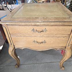 Beautiful Vintage Solid Wood End Table – With Drawer – Leather Inlay Top - 25"D X 22"W X 24"T