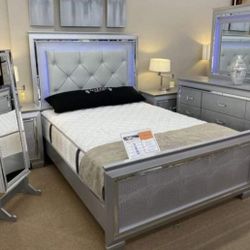 Silver Led Upholstered Bedroom Set Queen or King Bed Dresser Nightstand Mirror Chest Options 