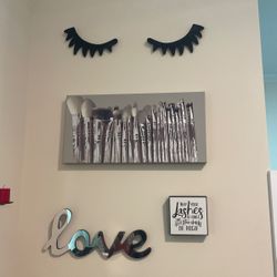 Makeup Brushes On Canvas , Love Mirror, Wooden Square Sign. All For $$40.