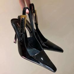 Saint Laurent Black Patent Slingback Pumps Gold Sculpted Heel Size US 9,  40