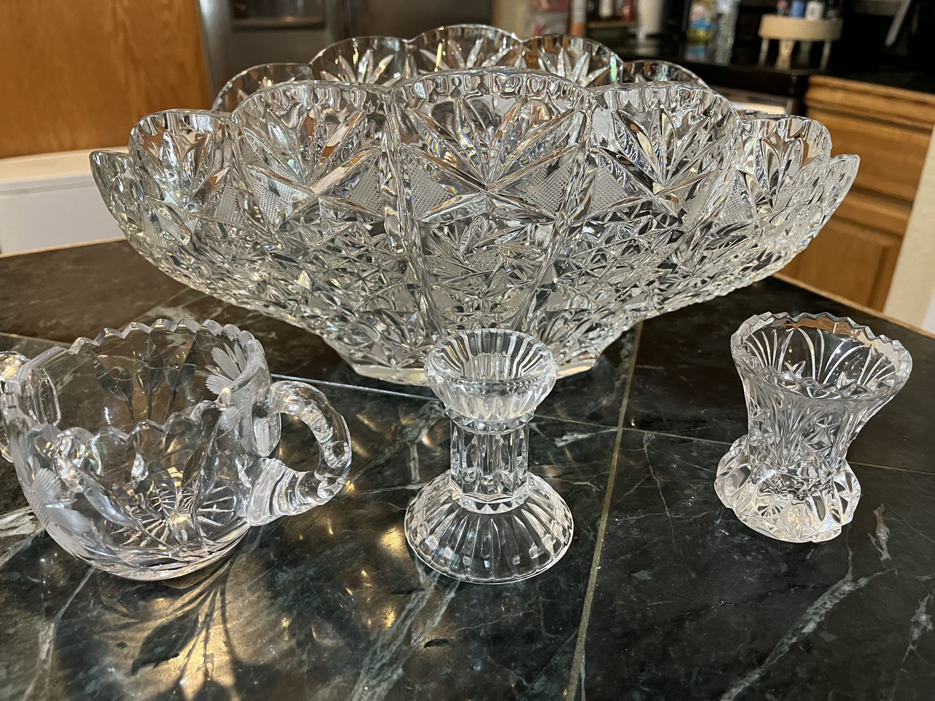 Crystal Fruit Bowl. Sugar Cup, Candle Holder and Toothpick Holder