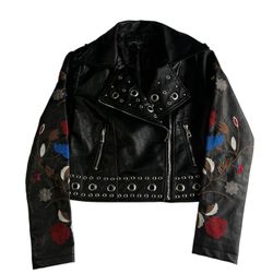 Romeo Juliet Couture Leather Moto Jacket Women’s Size Medium Floral Embroidery