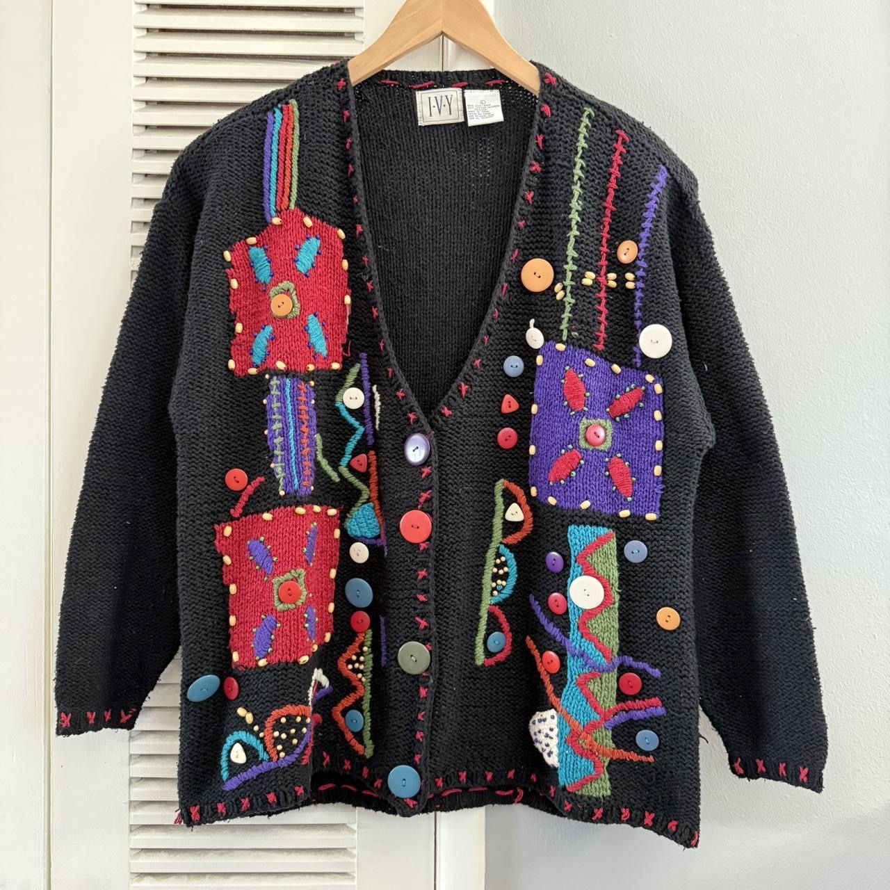 Vintage IVY Embroidered Button Knit Grandma Cardigan Black Sweater
