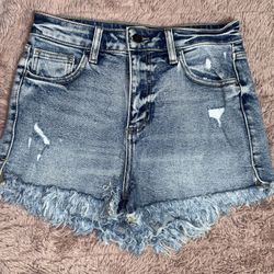 Windsor High-Rise Distressed Denim Shorts – Size S – Fringe Hem, Light Wash