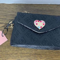 Juicy Couture Glitz Out Black Embossed Heart Logo Wristlet Clutch
