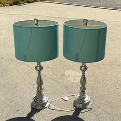 Twin Chrome Tablelamps Teal Shades