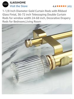 1-1/8 Inch Diameter Gold Curtain Rods with Ribbed Glass Finial, 36-72 inch Telescoping Double Curtain Rods for window width 24-68 inch, Decorative Dra